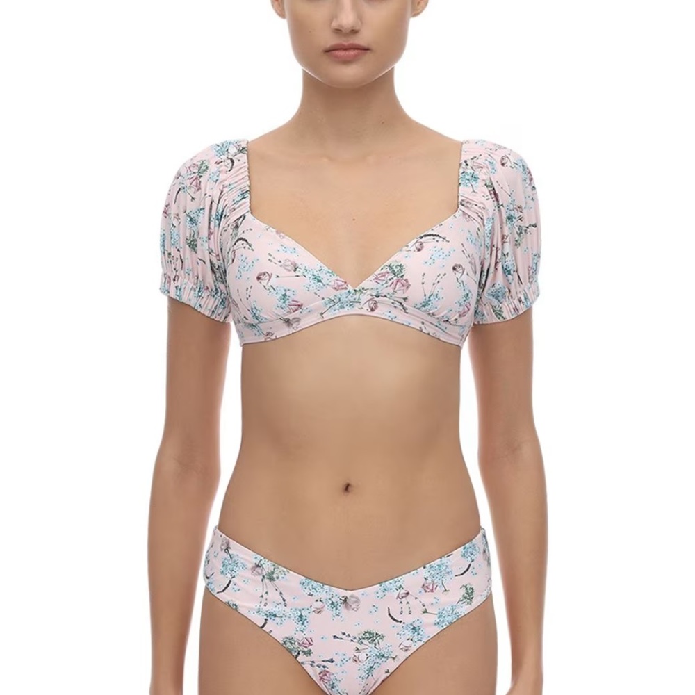 NEW we wore what XS crop top swim top ruched puff sleeve pink floral print crop